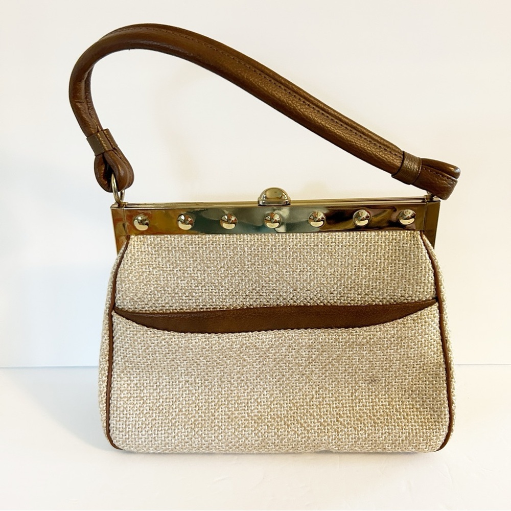 VTG Kadin Brown and Cream Clasp Lock Hand Purse Made in USA